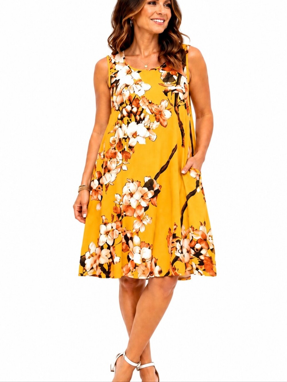 LILY BY FIRMIANA Sleeveless Yellow Floral Midi Dress.  French Cottagecore.